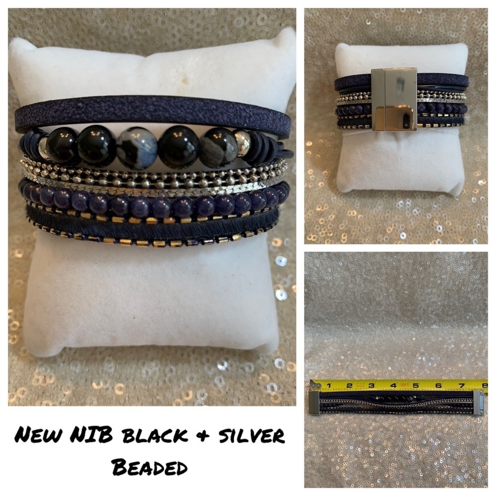 New NIB black silver beaded wrap bracelet